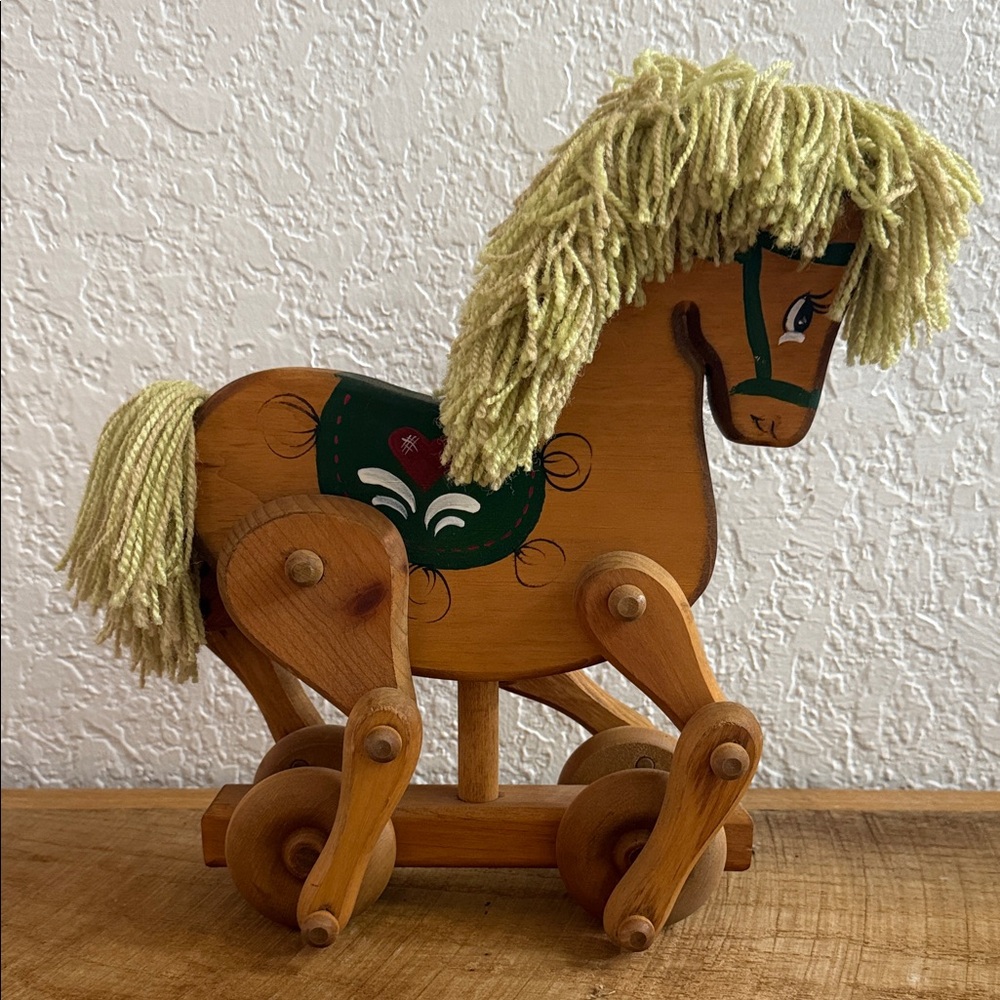 Vintage Wooden Horse Toy with Green Accents - Picture 3 of 5
